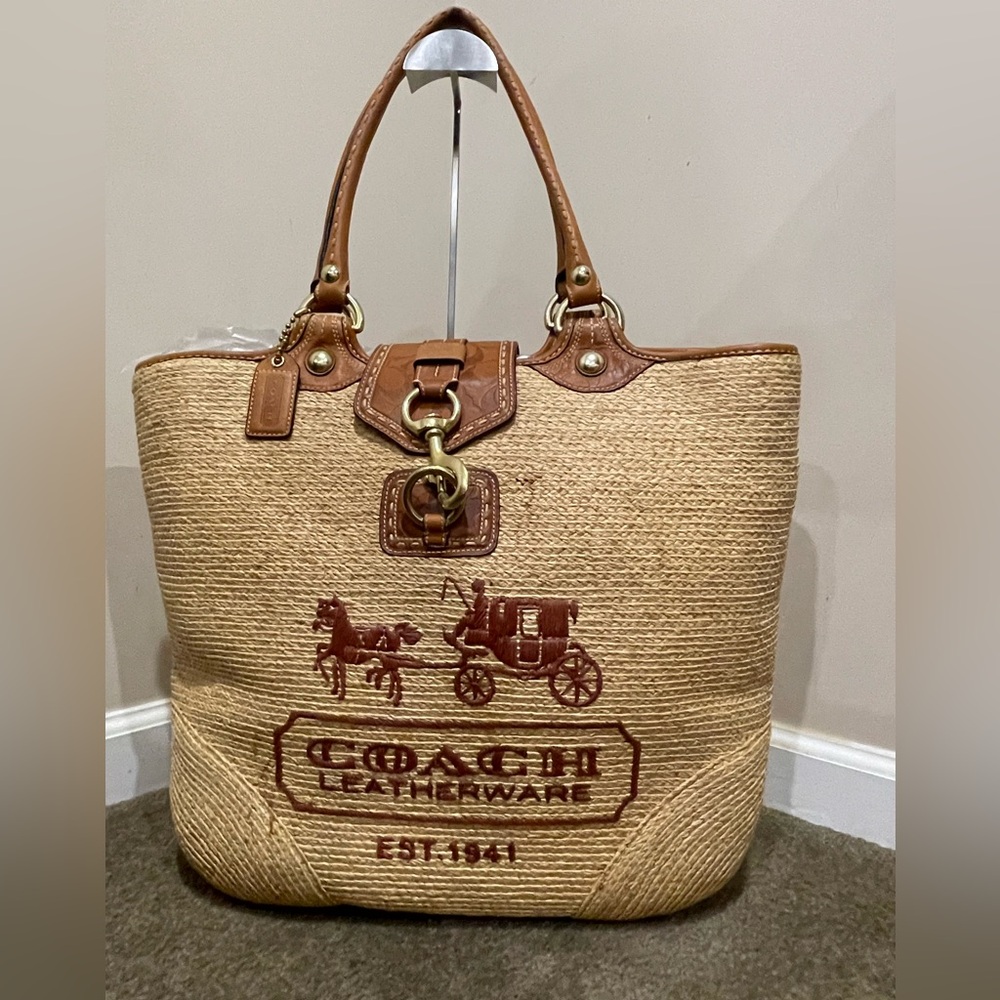 Coach | Bleecker Leather & Straw Large Logo Tote Bag